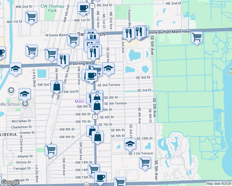 map of restaurants, bars, coffee shops, grocery stores, and more near 217 Southeast 4th Street in Dania Beach