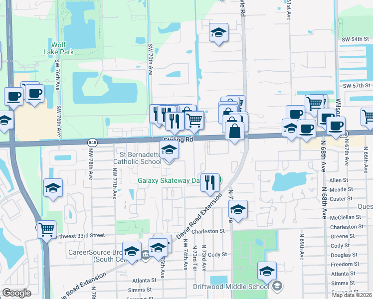 map of restaurants, bars, coffee shops, grocery stores, and more near 7400 Stirling Road in Hollywood