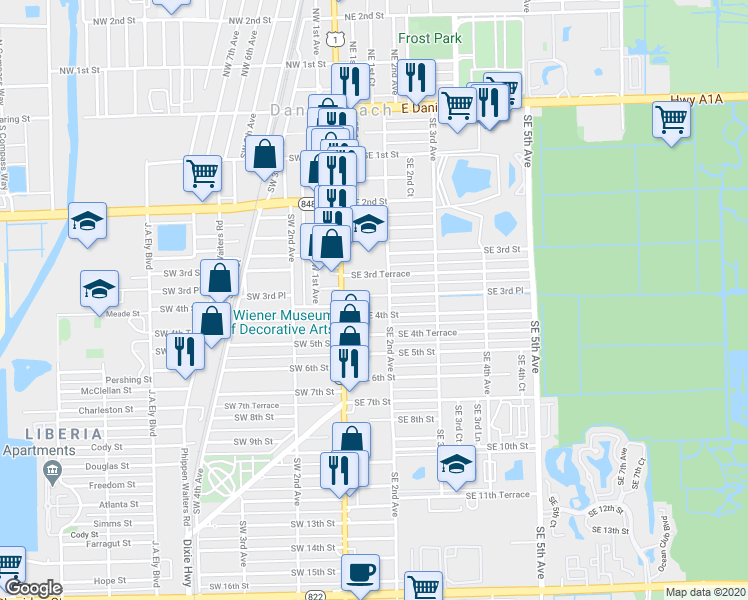 map of restaurants, bars, coffee shops, grocery stores, and more near 29 Southeast 4th Street in Dania Beach