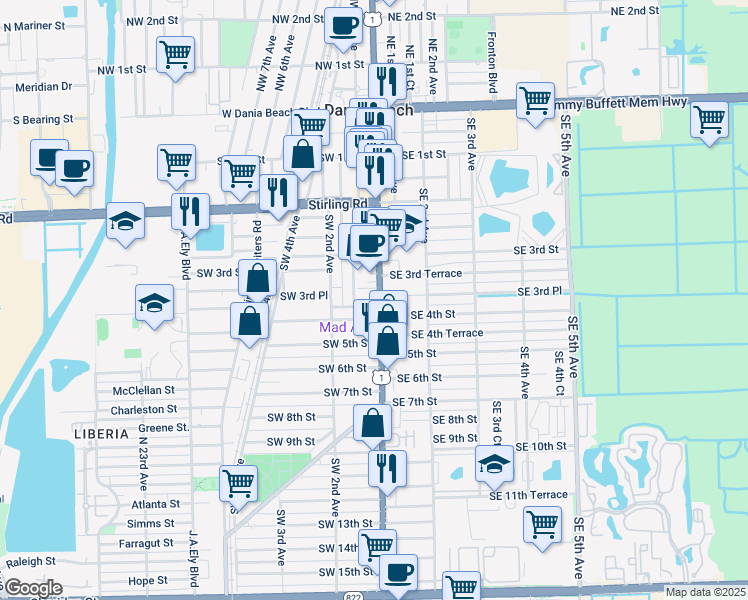 map of restaurants, bars, coffee shops, grocery stores, and more near in Dania Beach