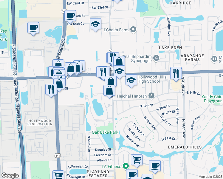 map of restaurants, bars, coffee shops, grocery stores, and more near 3900 North 56th Avenue in Hollywood