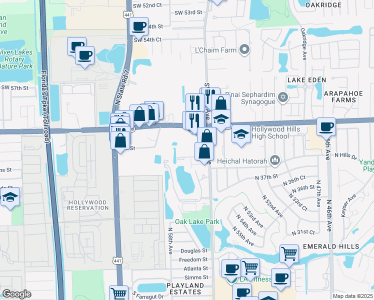 map of restaurants, bars, coffee shops, grocery stores, and more near 3920 North 56th Avenue in Hollywood