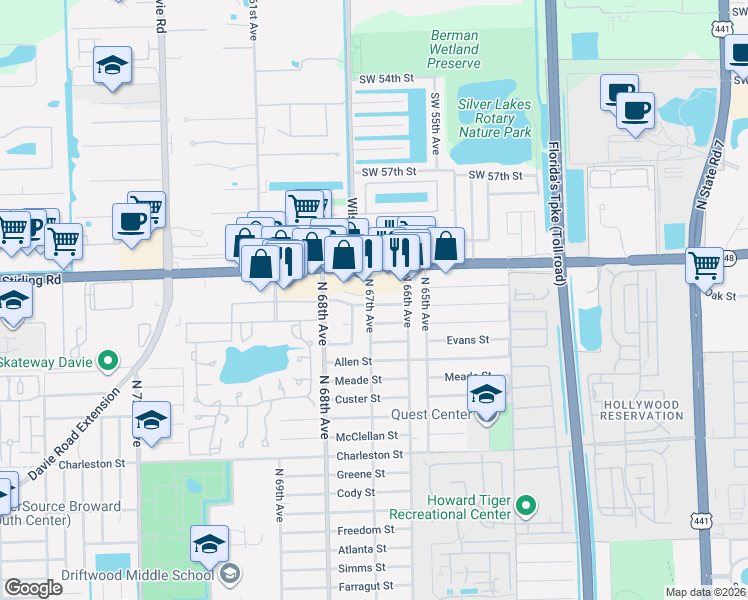 map of restaurants, bars, coffee shops, grocery stores, and more near 6700 Franklin Street in Hollywood