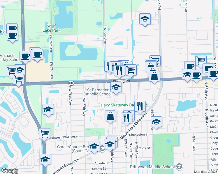 map of restaurants, bars, coffee shops, grocery stores, and more near 7554 Stirling Road in Hollywood