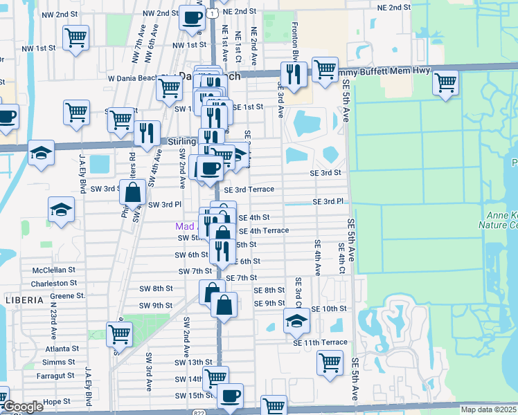 map of restaurants, bars, coffee shops, grocery stores, and more near 217 Southeast 4th Street in Dania Beach