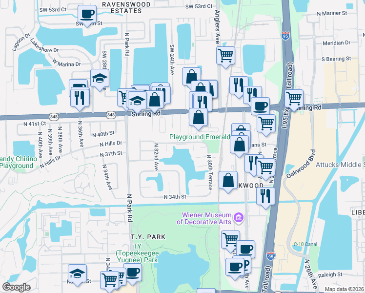 map of restaurants, bars, coffee shops, grocery stores, and more near 3851 North 31st Terrace in Hollywood