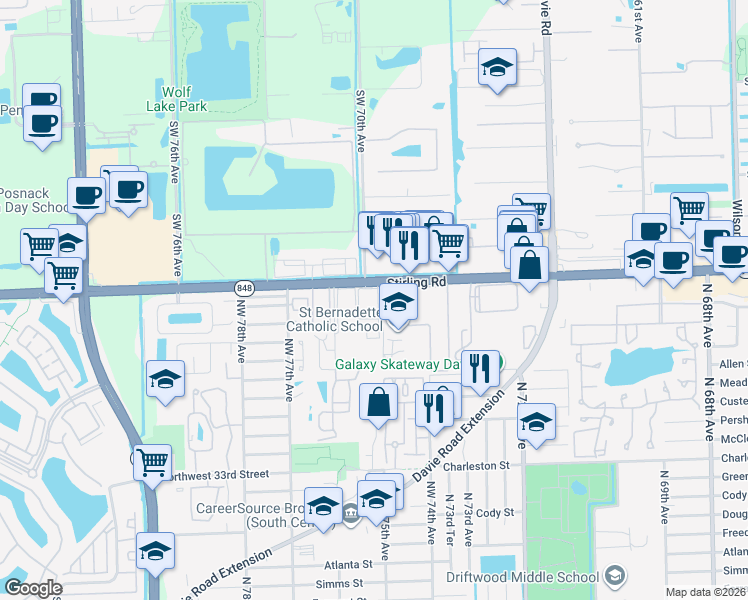 map of restaurants, bars, coffee shops, grocery stores, and more near 7554 Stirling Road in Hollywood