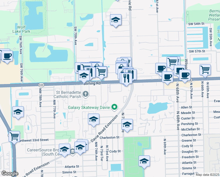 map of restaurants, bars, coffee shops, grocery stores, and more near 7350 Stirling Road in Hollywood