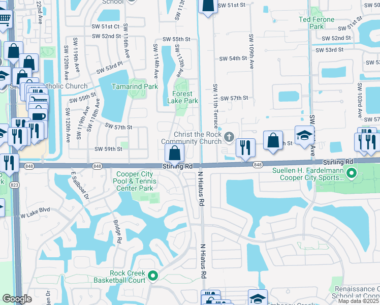 map of restaurants, bars, coffee shops, grocery stores, and more near 5966 Southwest 112th Lane in Cooper City