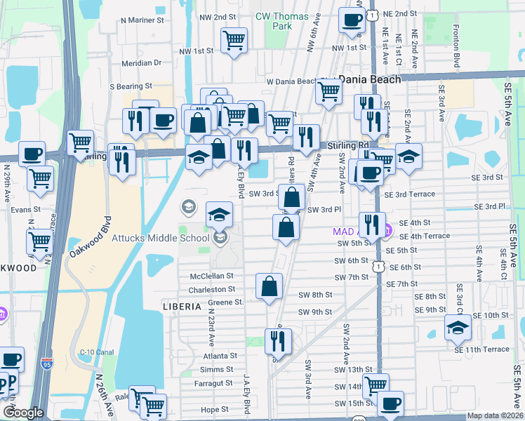 map of restaurants, bars, coffee shops, grocery stores, and more near 745 Southwest 4th Street in Dania Beach