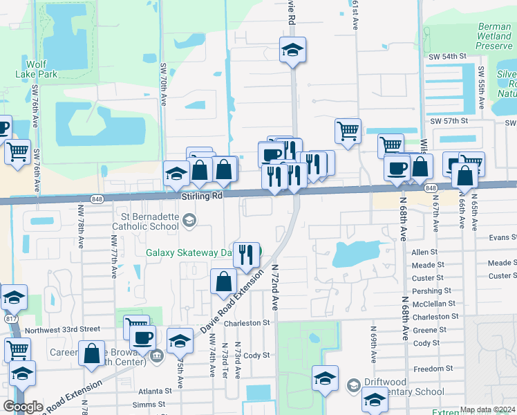 map of restaurants, bars, coffee shops, grocery stores, and more near 7250 Stirling Road in Hollywood