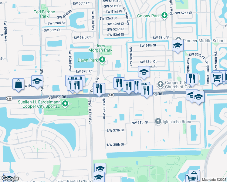 map of restaurants, bars, coffee shops, grocery stores, and more near 9716 Darlington Place in Cooper City