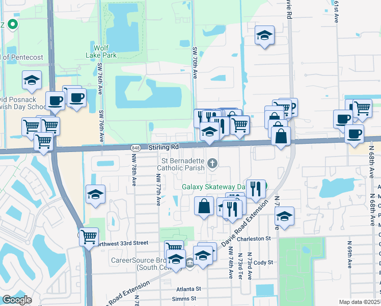 map of restaurants, bars, coffee shops, grocery stores, and more near 7554 Stirling Road in Hollywood