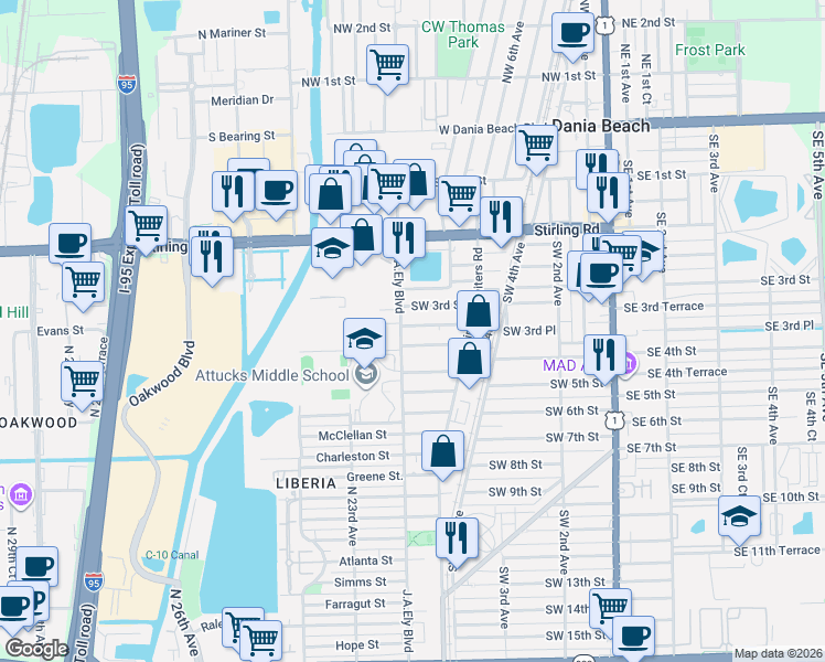 map of restaurants, bars, coffee shops, grocery stores, and more near 745 Southwest 4th Street in Dania Beach