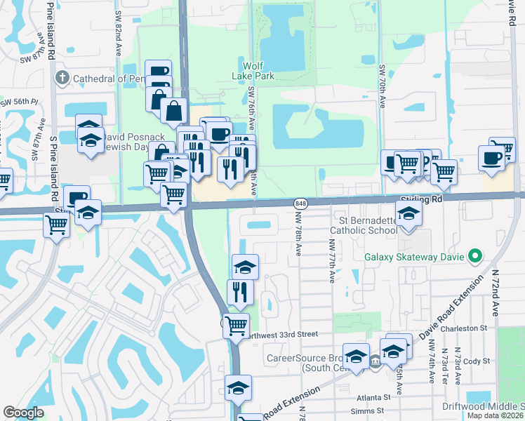 map of restaurants, bars, coffee shops, grocery stores, and more near 7908 North Silverado Circle in Hollywood