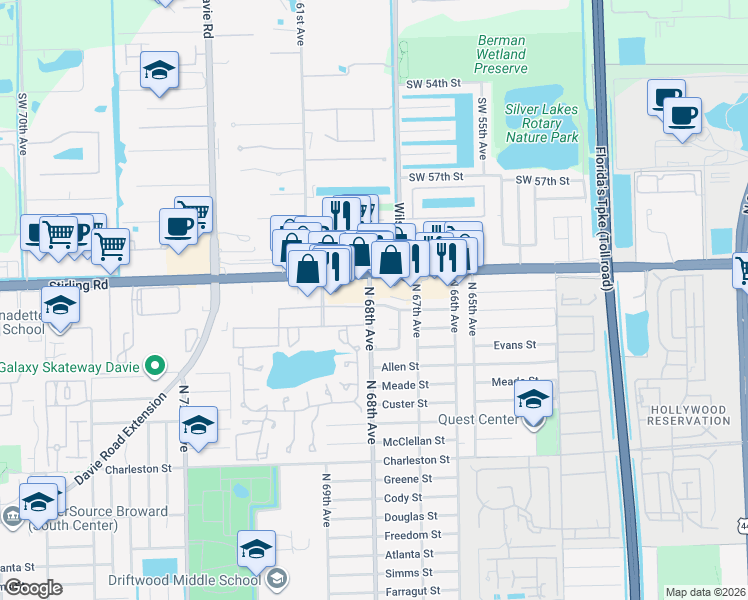 map of restaurants, bars, coffee shops, grocery stores, and more near 4021 North 68th Avenue in Hollywood