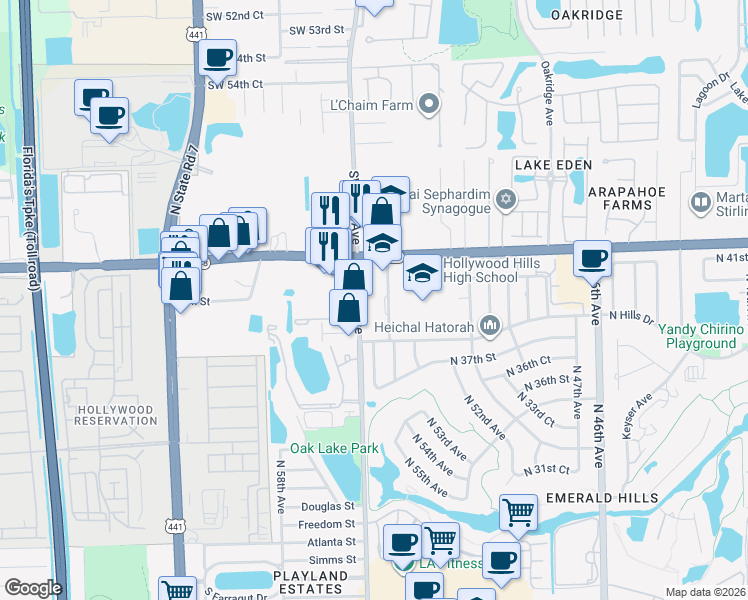 map of restaurants, bars, coffee shops, grocery stores, and more near 5500 Stirling Road in Hollywood