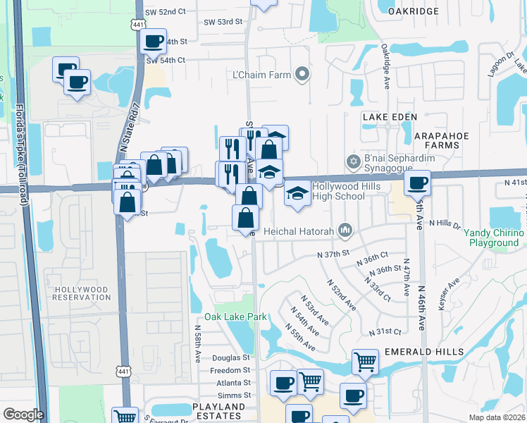 map of restaurants, bars, coffee shops, grocery stores, and more near 3900 North 56th Avenue in Hollywood