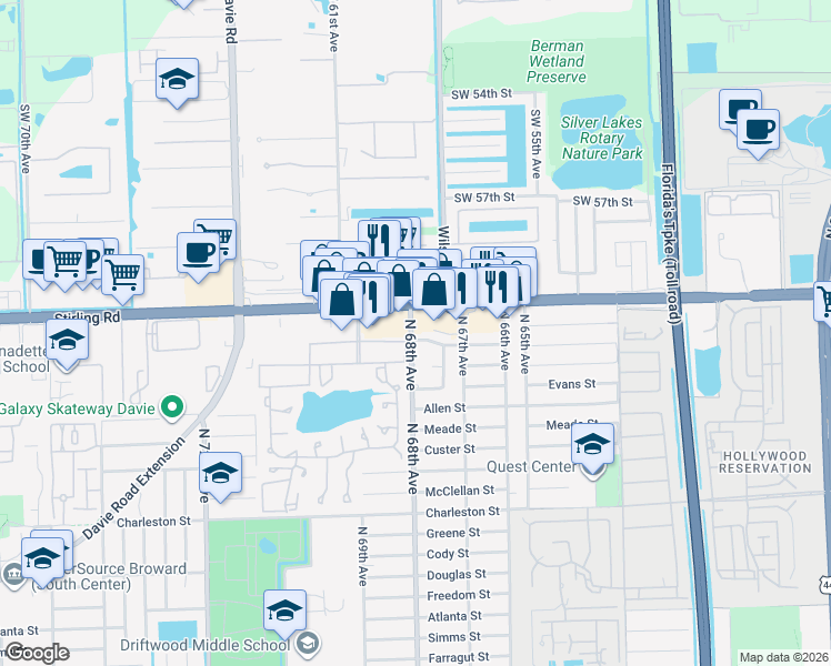 map of restaurants, bars, coffee shops, grocery stores, and more near 4021 North 68th Avenue in Hollywood