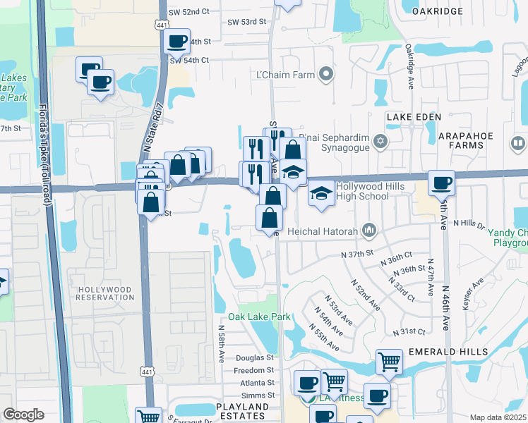 map of restaurants, bars, coffee shops, grocery stores, and more near 3920 North 56th Avenue in Hollywood