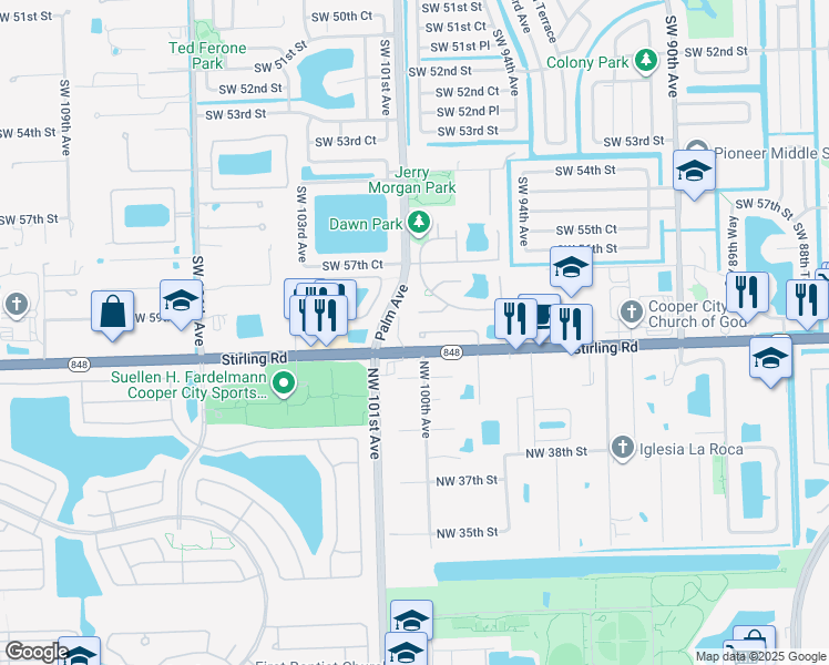 map of restaurants, bars, coffee shops, grocery stores, and more near 9773 Darlington Place in Cooper City