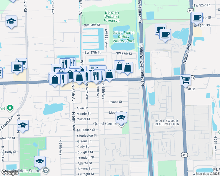 map of restaurants, bars, coffee shops, grocery stores, and more near 6490 Stirling Road in Hollywood