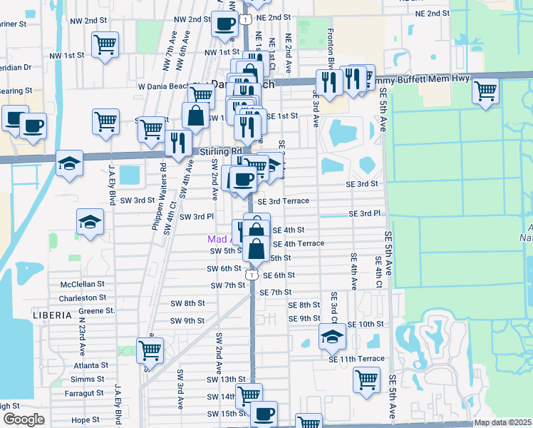 map of restaurants, bars, coffee shops, grocery stores, and more near 22 Southeast 3rd Terrace in Dania Beach