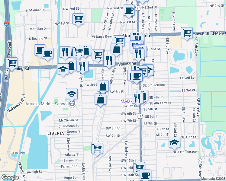 map of restaurants, bars, coffee shops, grocery stores, and more near 324 Southwest 4th Court in Dania Beach