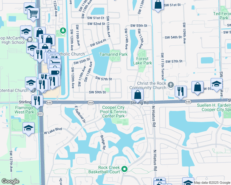 map of restaurants, bars, coffee shops, grocery stores, and more near 5802 Southwest 115th Terrace in Cooper City