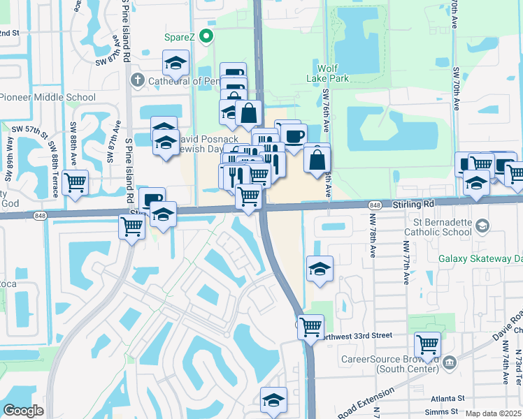 map of restaurants, bars, coffee shops, grocery stores, and more near Stirling Rd & S University Dr in Hollywood