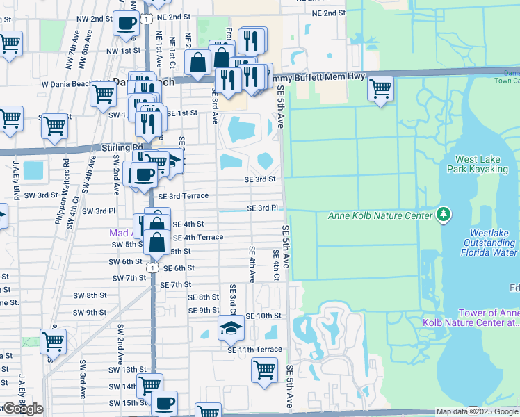 map of restaurants, bars, coffee shops, grocery stores, and more near 338 Southeast 3rd Terrace in Dania Beach