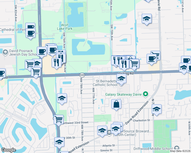 map of restaurants, bars, coffee shops, grocery stores, and more near 7035 Florida 848 in Hollywood