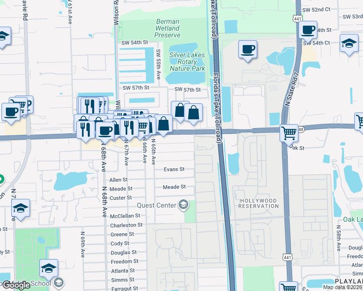 map of restaurants, bars, coffee shops, grocery stores, and more near 5450 Stirling Road in Davie