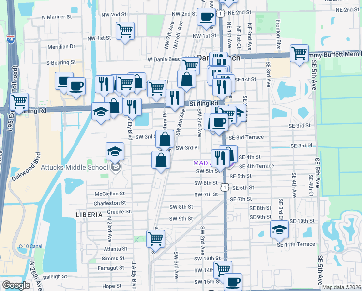 map of restaurants, bars, coffee shops, grocery stores, and more near 324 Southwest 4th Court in Dania Beach