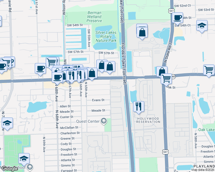map of restaurants, bars, coffee shops, grocery stores, and more near in Davie