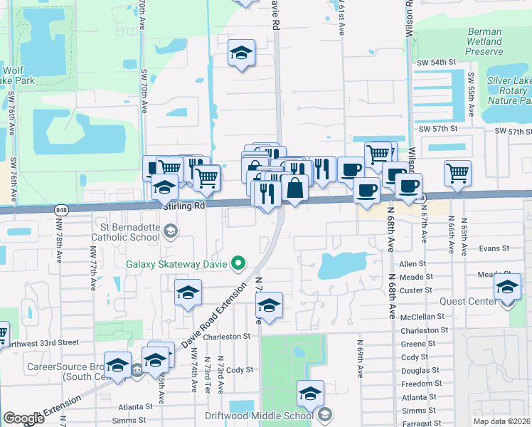 map of restaurants, bars, coffee shops, grocery stores, and more near in Davie