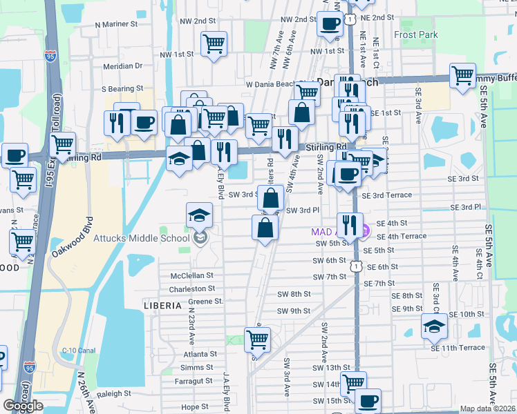 map of restaurants, bars, coffee shops, grocery stores, and more near 713 Southwest 3rd Street in Dania Beach