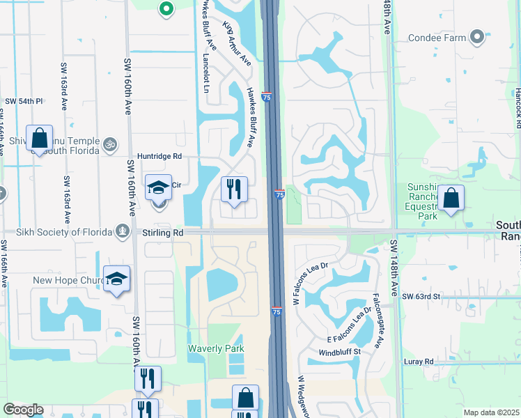 map of restaurants, bars, coffee shops, grocery stores, and more near 5900 York Lane in Davie