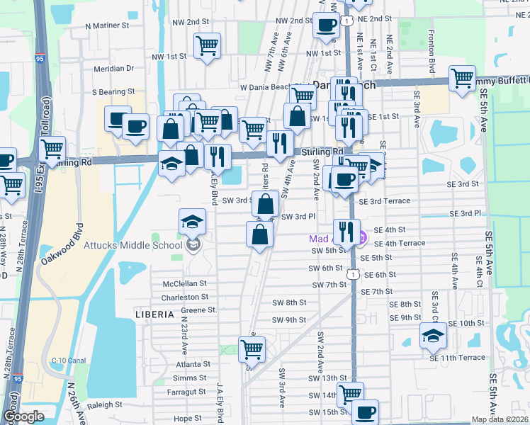 map of restaurants, bars, coffee shops, grocery stores, and more near 713 Southwest 3rd Street in Dania Beach