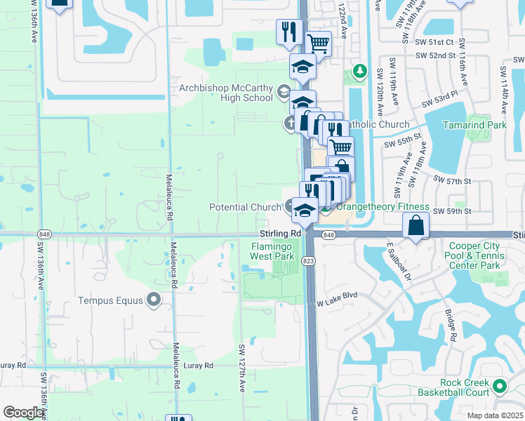 map of restaurants, bars, coffee shops, grocery stores, and more near 12601 Stirling Road in Southwest Ranches