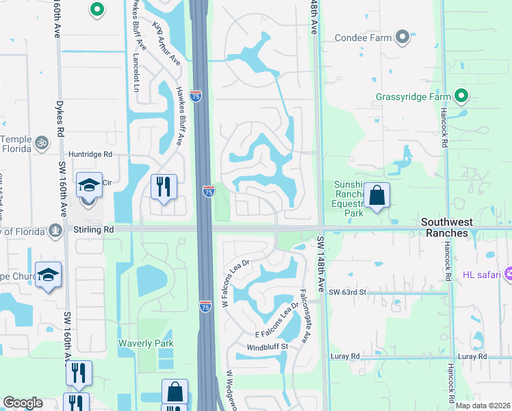 map of restaurants, bars, coffee shops, grocery stores, and more near 15061 South Waterford Drive in Davie