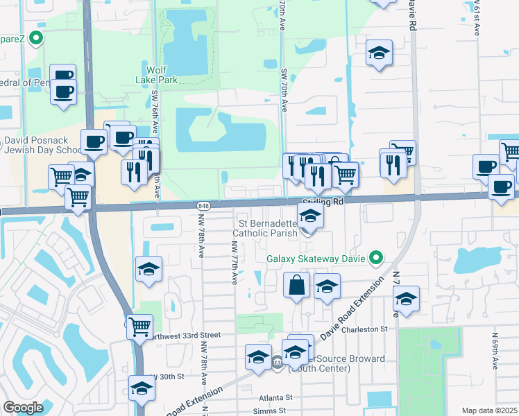 map of restaurants, bars, coffee shops, grocery stores, and more near 7015 Stirling Road in Hollywood