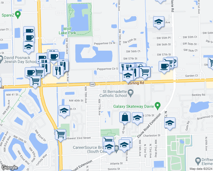 map of restaurants, bars, coffee shops, grocery stores, and more near 7035 Florida 848 in Hollywood