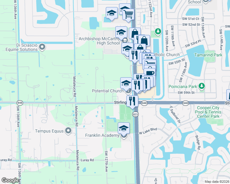 map of restaurants, bars, coffee shops, grocery stores, and more near 12601 Stirling Road in Southwest Ranches