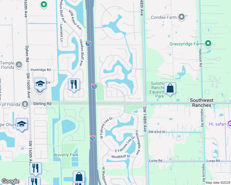 map of restaurants, bars, coffee shops, grocery stores, and more near 15061 South Waterford Drive in Davie