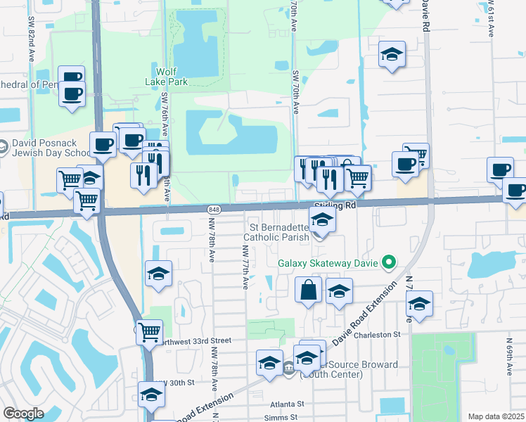 map of restaurants, bars, coffee shops, grocery stores, and more near 7035 Florida 848 in Hollywood