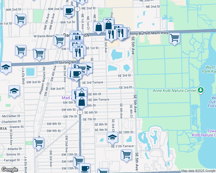 map of restaurants, bars, coffee shops, grocery stores, and more near 238 Southeast 3rd Terrace in Dania Beach