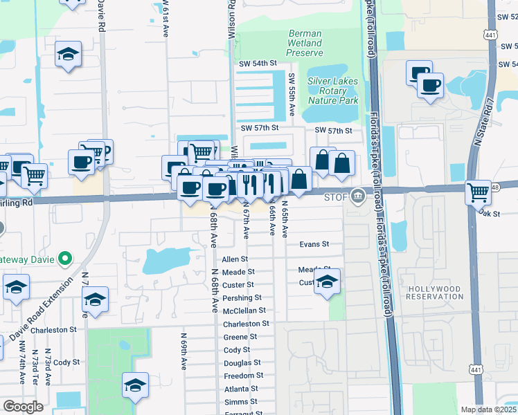 map of restaurants, bars, coffee shops, grocery stores, and more near 6610 Stirling Road in Hollywood