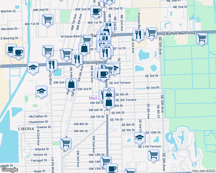 map of restaurants, bars, coffee shops, grocery stores, and more near 265 South Federal Highway in Dania Beach