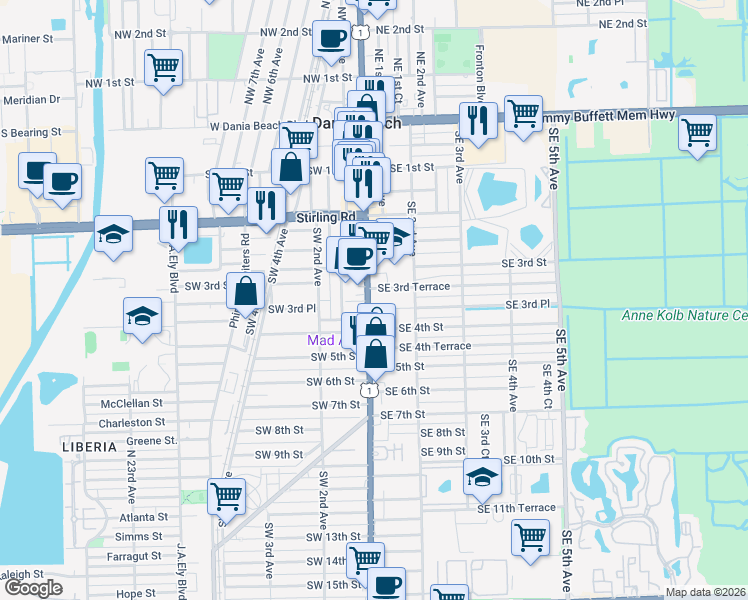 map of restaurants, bars, coffee shops, grocery stores, and more near 265 South Federal Highway in Dania Beach